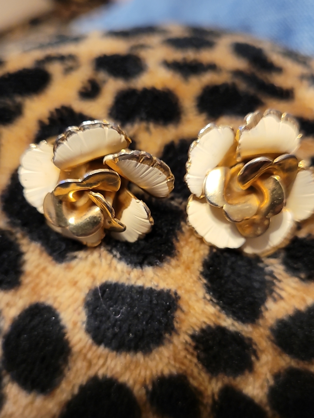 Vintage Gold And Enamel Rose Clip Earrings Signed